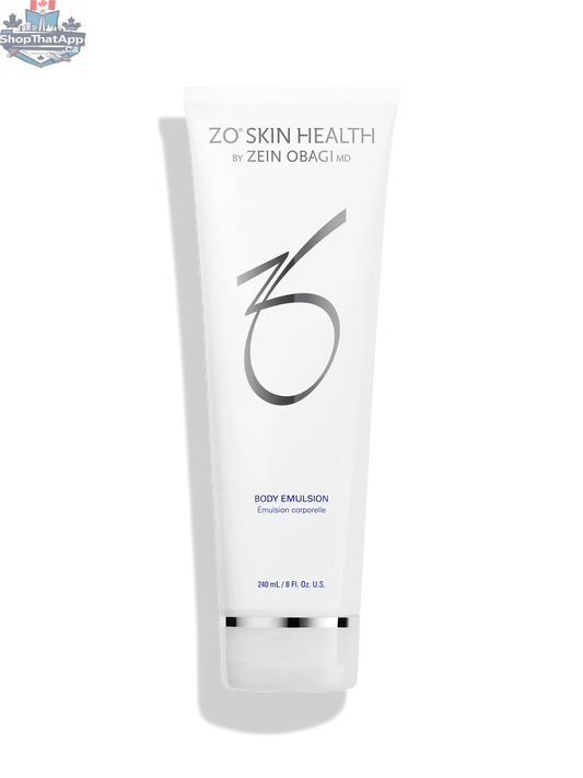 Monarch MD ZO Body Emulsion bottle, 240mL, with sleek packaging and pump dispenser, for skincare and body nourishment.