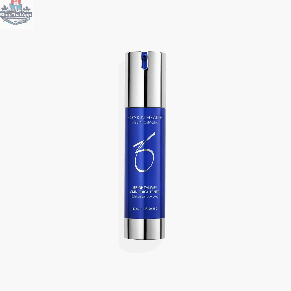 Travel-size ZO Brightalive by Monarch MD Medical Aesthetics for radiant skin, shown in a sleek, compact bottle on a white background.
