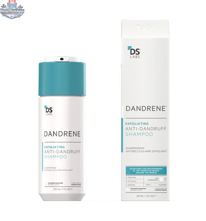 Monarch MD Dandrene exfoliating shampoo bottle for dandruff relief and flake-free scalp care, with anti-dandruff benefits.