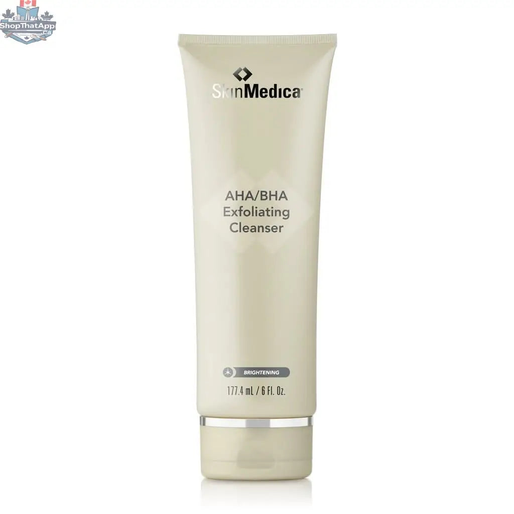 SkinMedica AHA/BHA Cleanser for radiant skin and exfoliation, featuring a clear bottle with a white pump, on a white background.