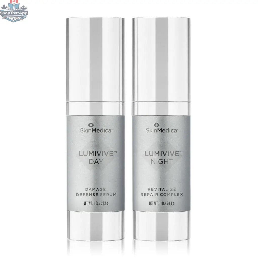 SkinMedica Lumivive System Day and Night skincare set showing bottles and packaging for radiant skin.