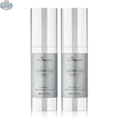 SkinMedica Lumivive System Day and Night skincare set showing bottles and packaging for radiant skin.