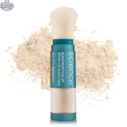 Colorescience SPF 50 Brush-On Sunscreen for total skin protection, in a compact container with a brush applicator.