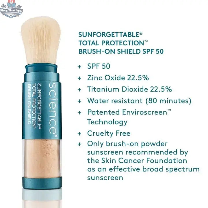 Colorescience SPF 50 Brush-On Sunscreen for total skin protection, featuring a portable brush applicator and protective formula.