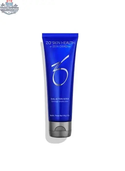 Monarch MD Medical Aesthetics ZO Dual Action Scrub in a clear jar with white and blue packaging, demonstrating its exfoliating texture.