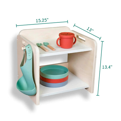 Sapiens Child PAPAYA Montessori mini shelf for toddlers, compact wooden storage furniture with colorful bins for organization.