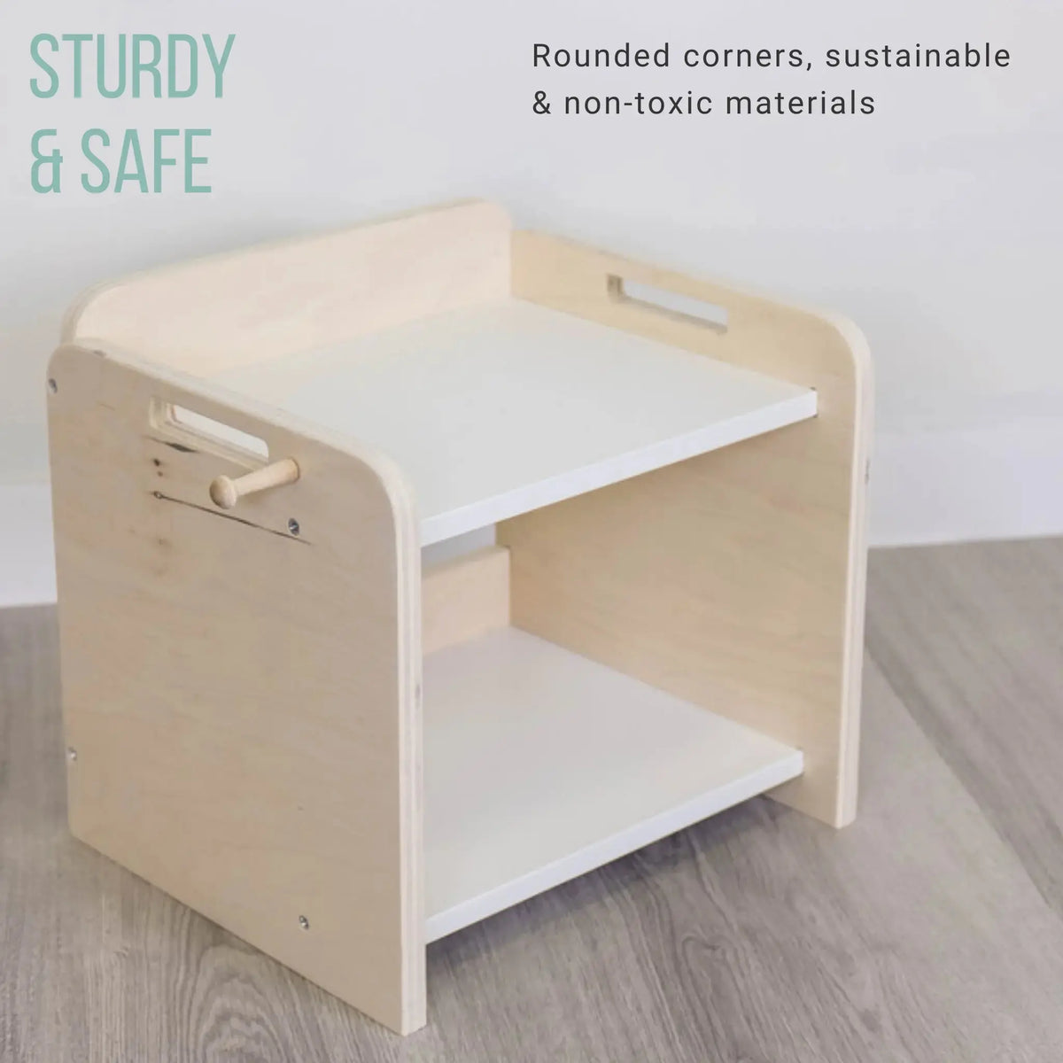 Sapiens Child PAPAYA Shelf, a Montessori mini toddler shelf made of safe, steady materials for effective organization.