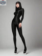 Shiny black spandex nylon bodysuit with back zipper, full jumpsuit design, worn by a model for cosplay or costume use.
