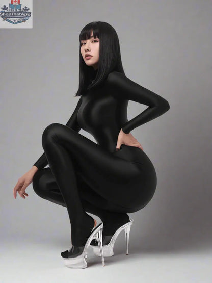 Shiny black MRJCOS spandex nylon bodysuit with back zipper, full jumpsuit design, form-fitting with a sleek finish.