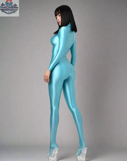 Shiny black MRJCOS spandex nylon bodysuit with back zipper, full jumpsuit design, form-fitting, and smooth finish.