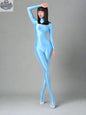 Shiny black MRJCOS spandex nylon bodysuit with back zipper and full-length jumpsuit design, form-fitting and reflective finish.