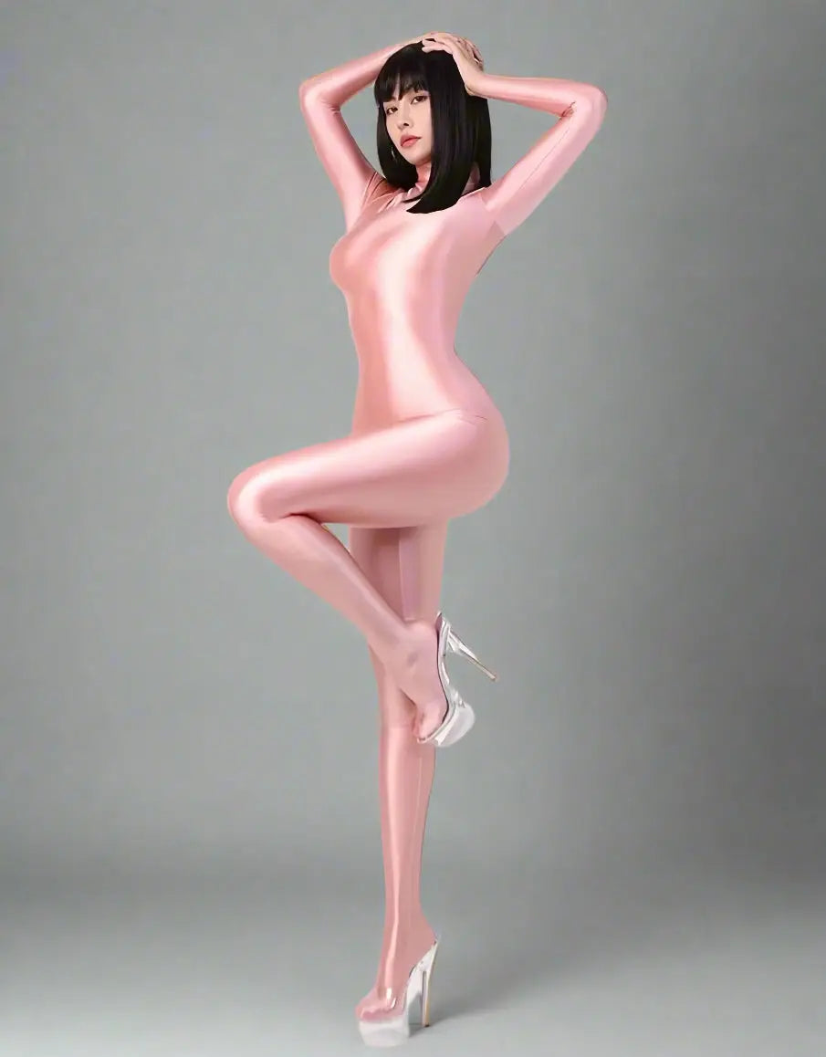 Shiny black MRJCOS spandex nylon bodysuit with back zipper, full jumpsuit design, and sleek form-fitting finish.