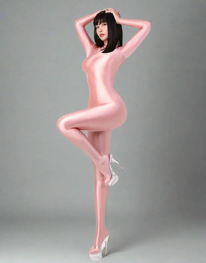Shiny black MRJCOS spandex nylon bodysuit with back zipper, full jumpsuit design, and sleek form-fitting finish.