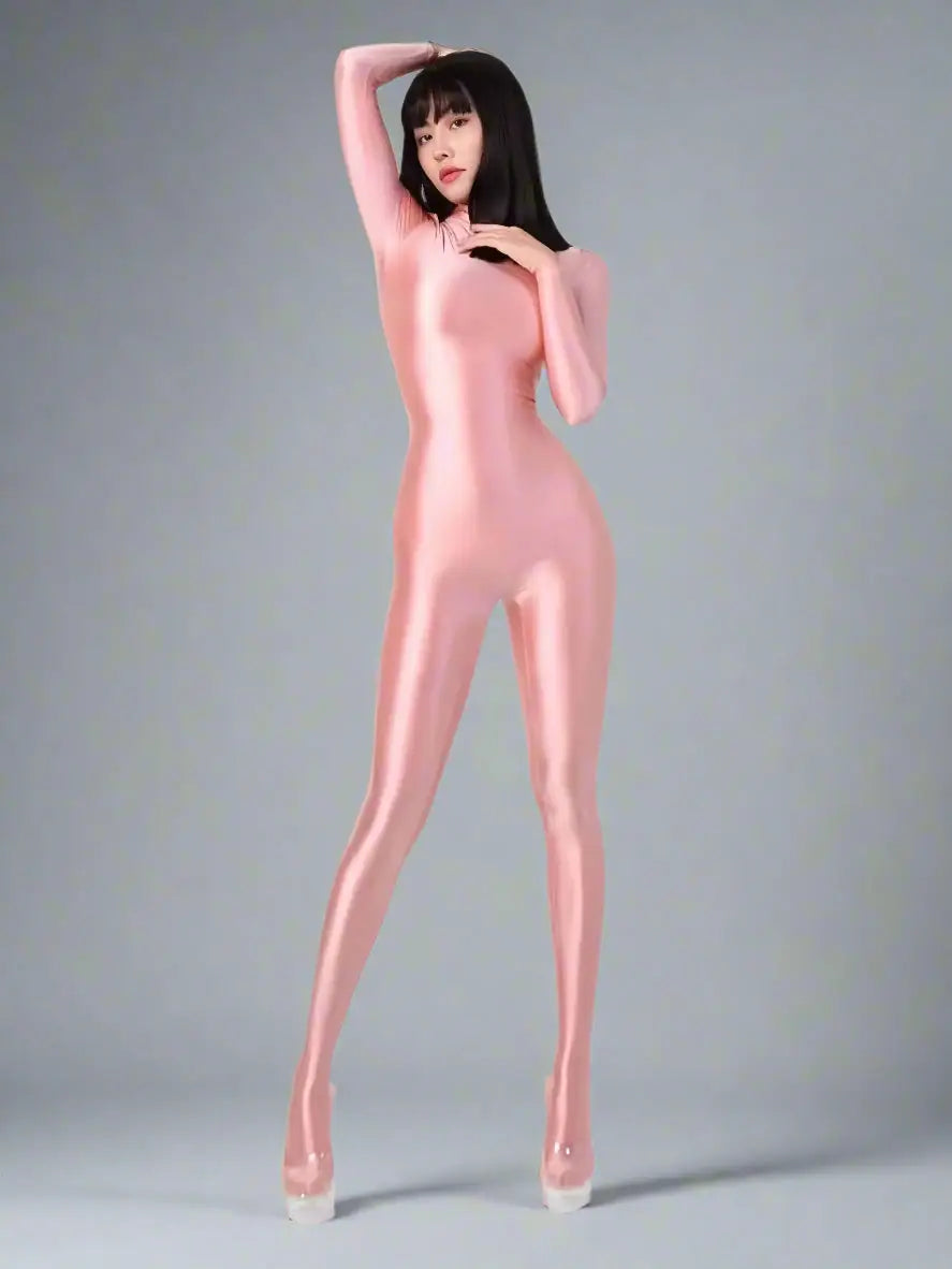 Shiny black MRJCOS spandex nylon bodysuit with back zipper, full jumpsuit design, form-fitting with a sleek finish.