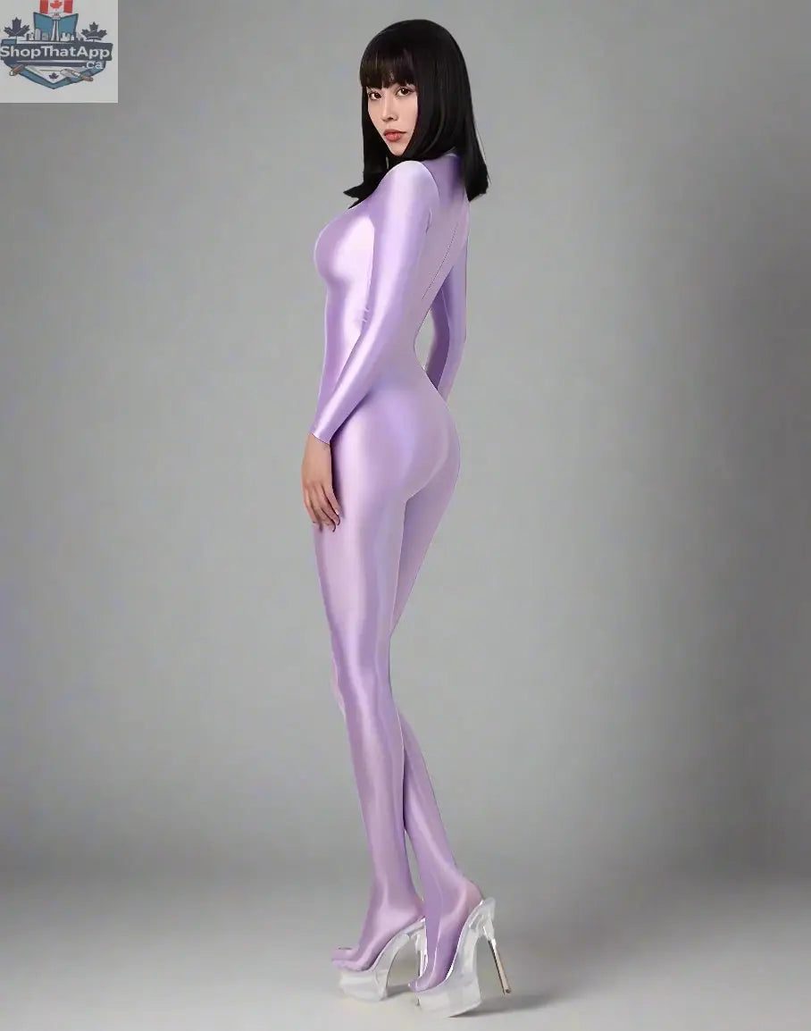 Shiny black spandex nylon bodysuit with back zipper, full jumpsuit design, featuring a sleek, form-fitting finish.