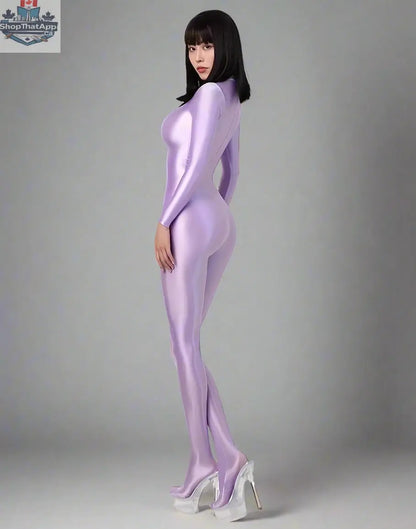 Shiny black spandex nylon bodysuit with back zipper, full jumpsuit design, featuring a sleek, form-fitting finish.