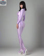 Shiny black spandex nylon bodysuit with back zipper, full jumpsuit design, featuring a sleek, form-fitting finish.
