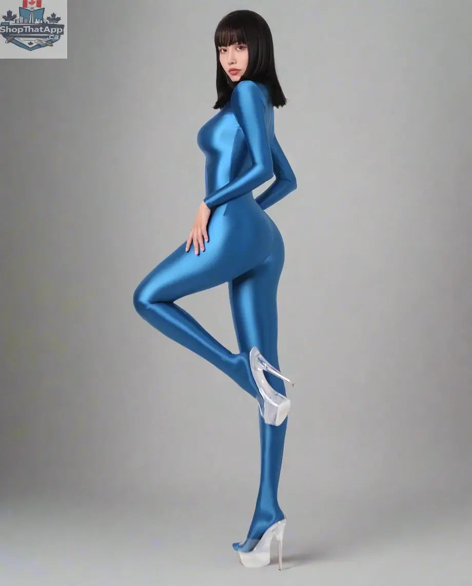 Shiny black MRJCOS spandex nylon bodysuit with back zipper, full jumpsuit design, and sleek finish, displayed on a mannequin.