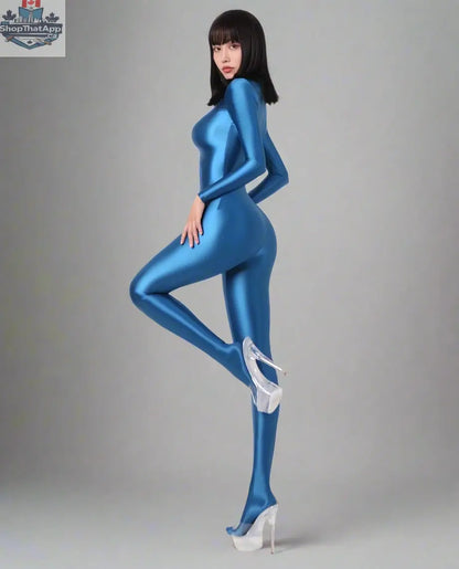 Shiny black MRJCOS spandex nylon bodysuit with back zipper, full jumpsuit design, and sleek finish, displayed on a mannequin.