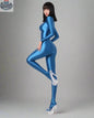 Shiny black MRJCOS spandex nylon bodysuit with back zipper, full jumpsuit design, and sleek finish, displayed on a mannequin.