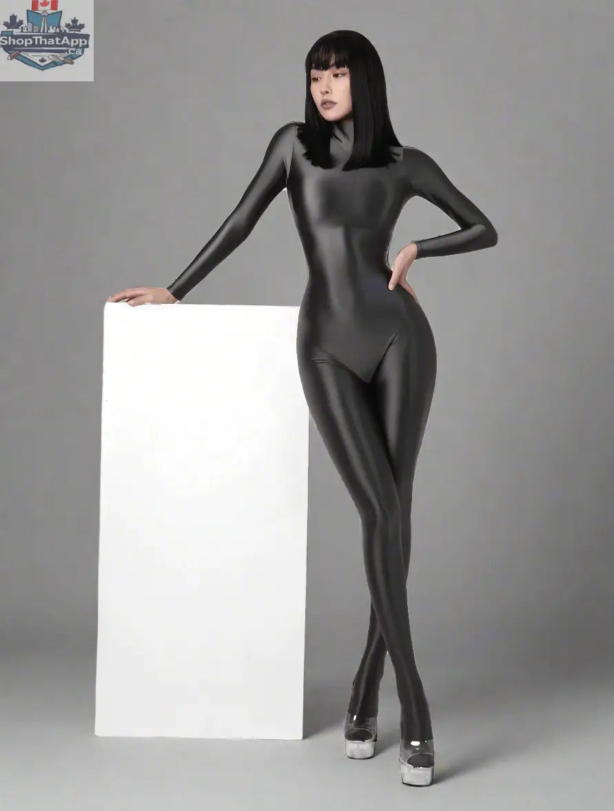 Shiny black MRJCOS spandex nylon bodysuit with back zipper, full jumpsuit design, close-up of smooth, reflective fabric finish.