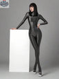 Shiny black MRJCOS spandex nylon bodysuit with back zipper, full jumpsuit design, close-up of smooth, reflective fabric finish.