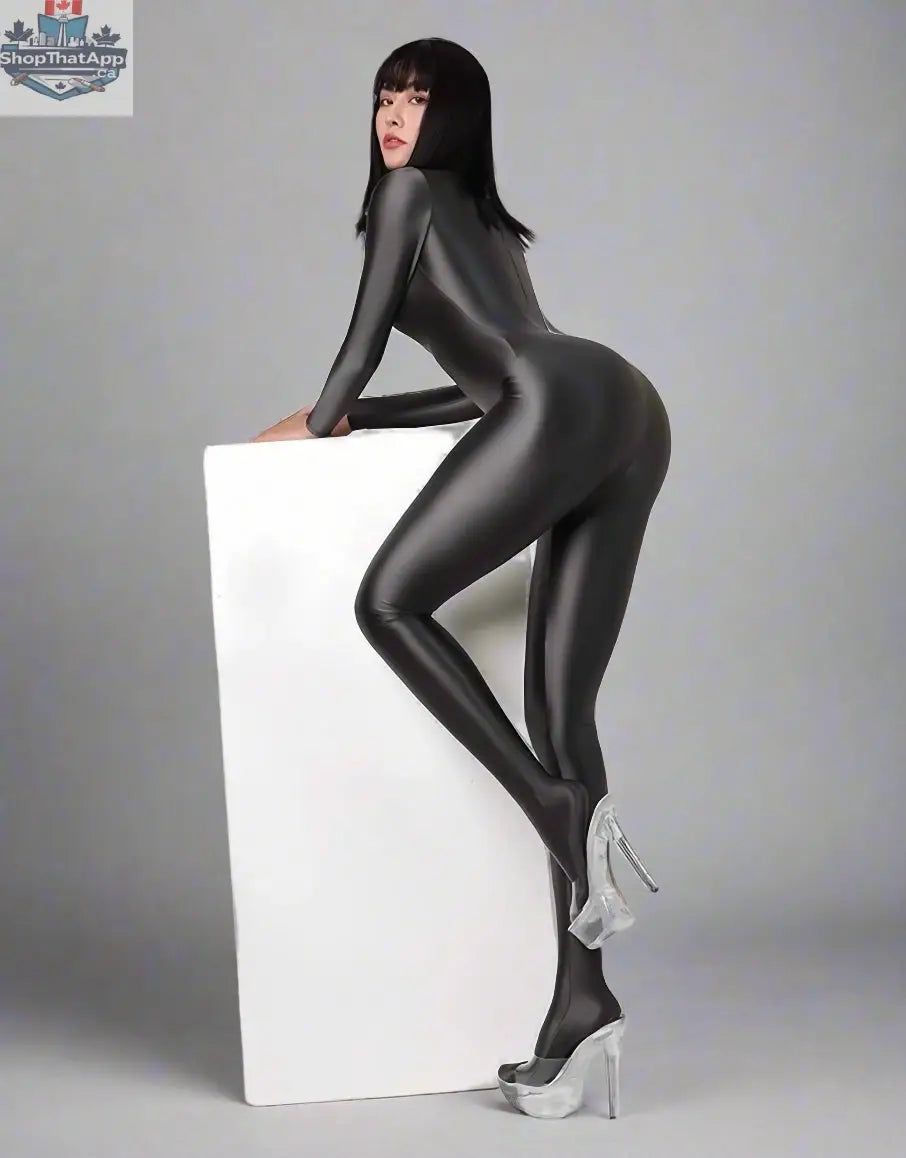Shiny black MRJCOS spandex nylon bodysuit with back zipper, full jumpsuit design, form-fitting and sleek finish.