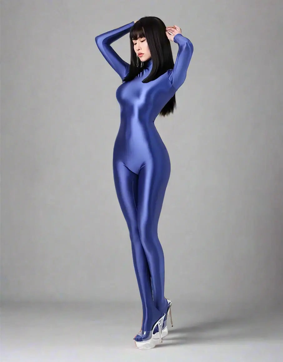 Shiny black MRJCOS spandex nylon bodysuit with back zipper, full jumpsuit style, form-fitting with a sleek finish.