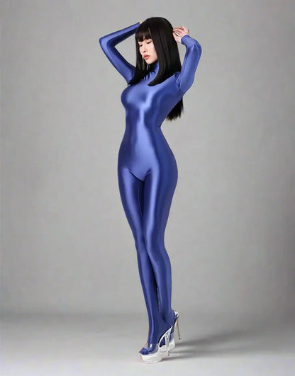 Shiny black MRJCOS spandex nylon bodysuit with back zipper, full jumpsuit style, form-fitting with a sleek finish.