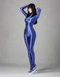 Shiny black MRJCOS spandex nylon bodysuit with back zipper, full jumpsuit style, form-fitting with a sleek finish.
