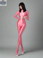 Shiny black MRJCOS spandex nylon bodysuit with back zipper, full jumpsuit design, form-fitting with a sleek finish.