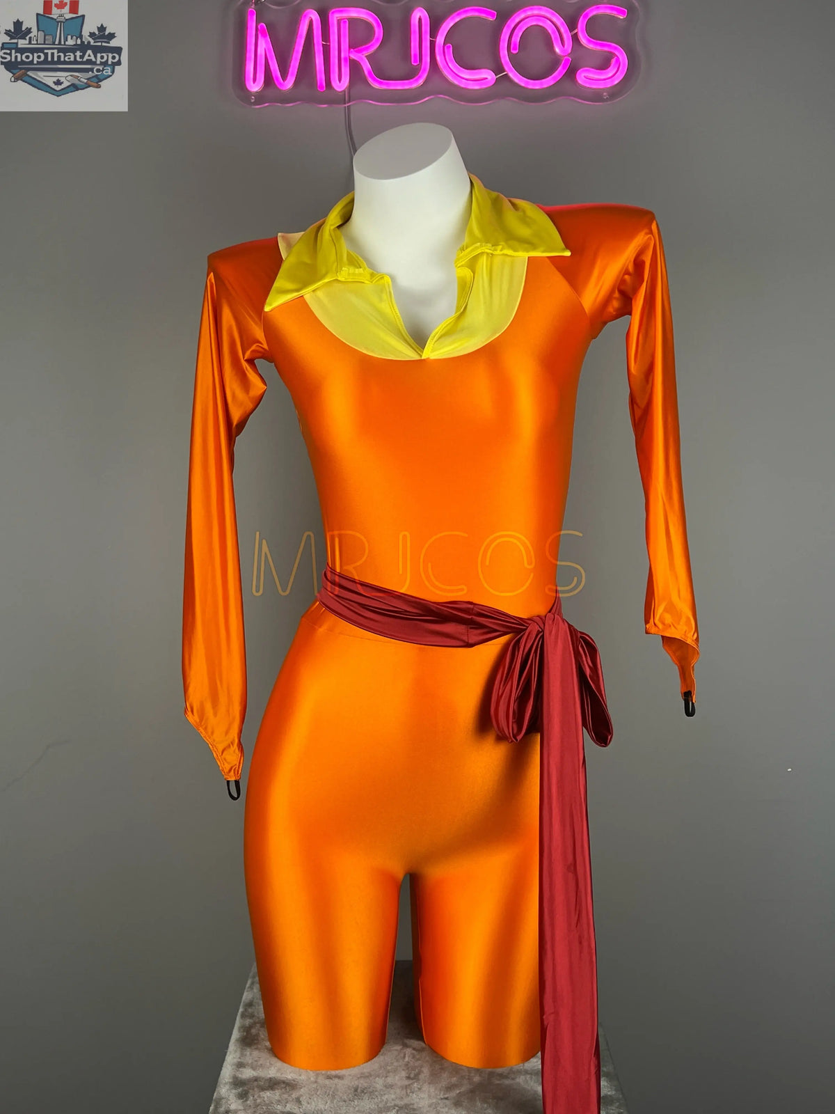 Anime cat-inspired cosplay bodysuit by MRJCOS, full spandex jumpsuit with eye details for Halloween or costume parties.