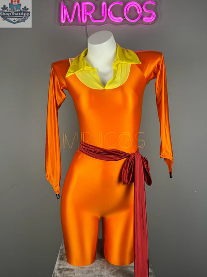 Anime cat-inspired cosplay bodysuit by MRJCOS, full spandex jumpsuit with eye details for Halloween or costume parties.