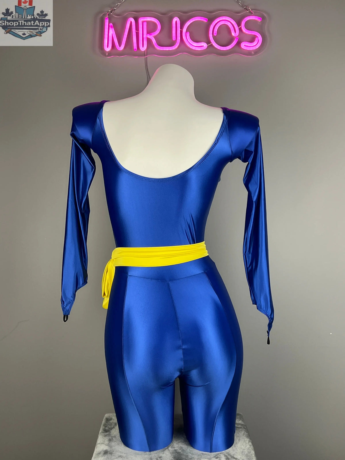 Anime cat-inspired cosplay bodysuit by MRJCOS, full spandex jumpsuit featuring feline eye details for Halloween or costume parties.
