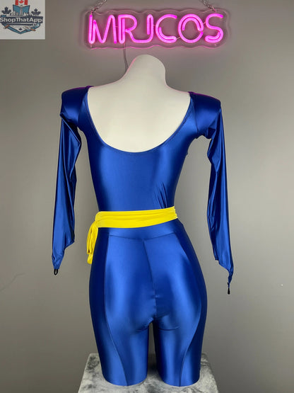 Anime cat-inspired cosplay bodysuit by MRJCOS, full spandex jumpsuit featuring feline eye details for Halloween or costume parties.