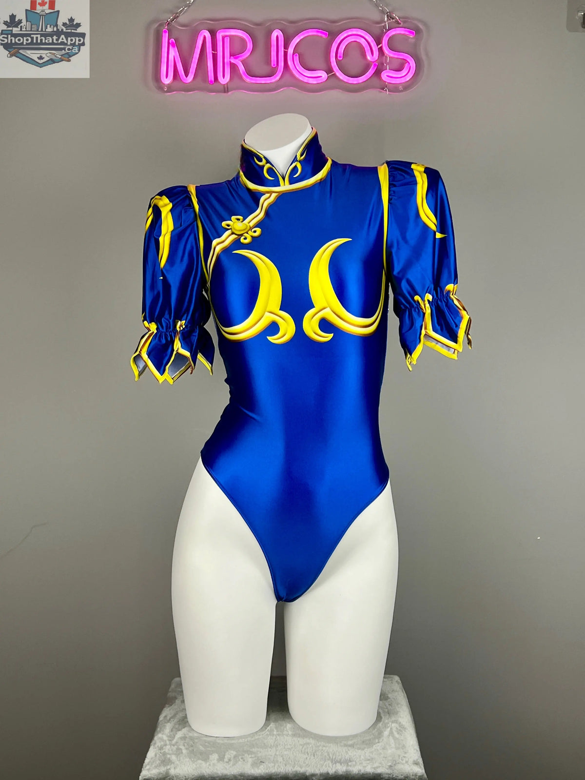 MRJCOS Chun Li superhero cosplay bodysuit featuring open crotch design, Halloween costume inspired by Street Fighter character.