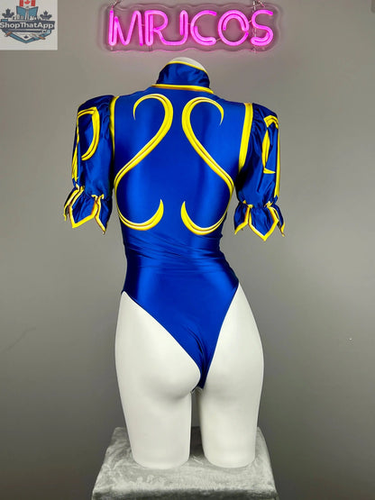 MRJCOS Super Hero Chun Li cosplay bodysuit with open crotch, featuring vibrant costume details, perfect for Halloween or cosplay events.