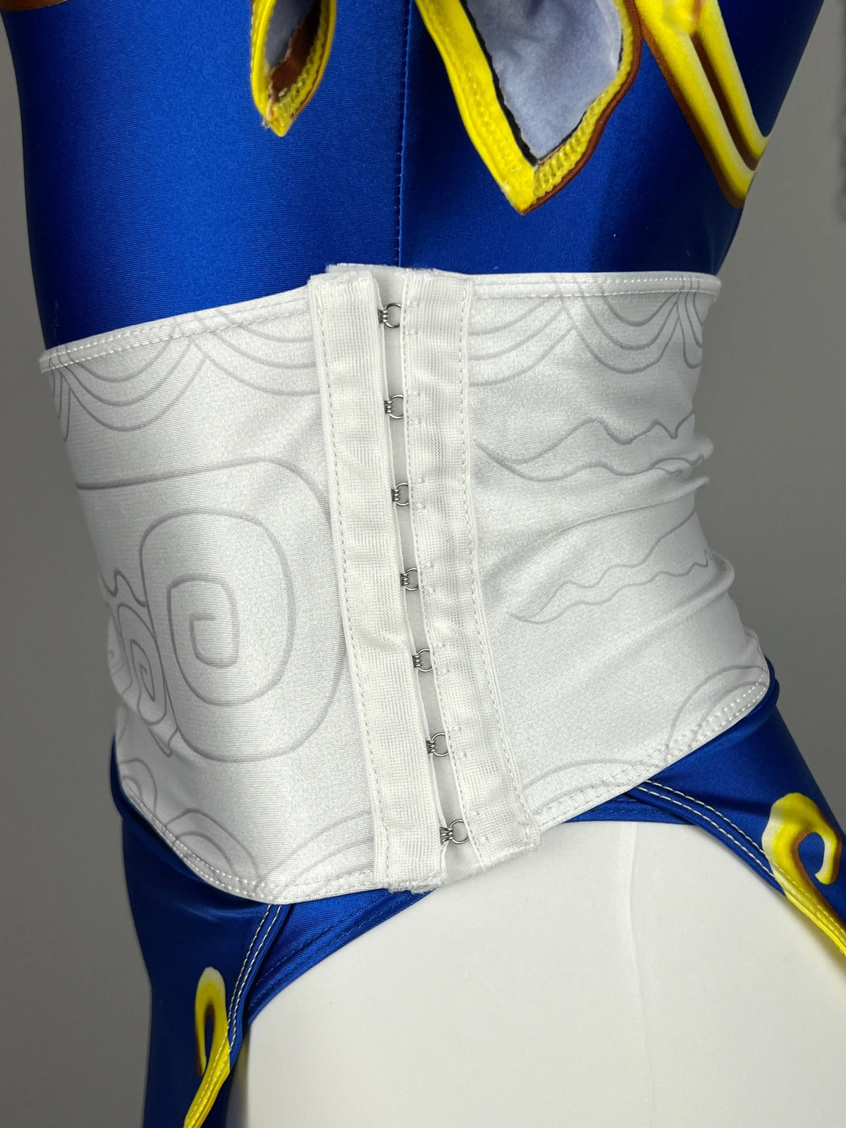 MRJCOS Chun Li superhero cosplay bodysuit featuring open crotch design, perfect for Halloween costume and sexy lingerie style.