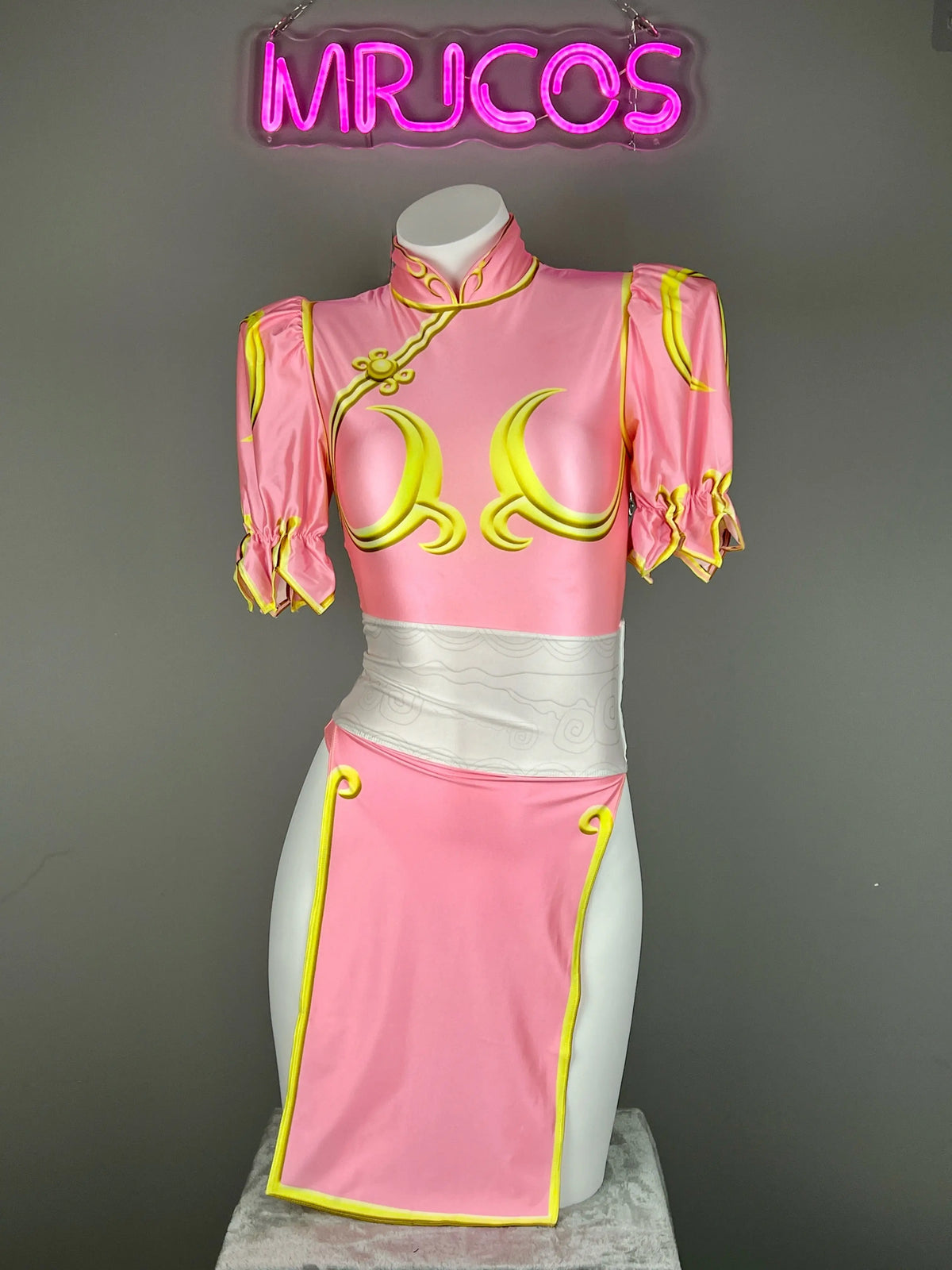 MRJCOS Super Hero Chun Li cosplay bodysuit with open crotch, Halloween costume, sexy lingerie, featuring vibrant colors and detailed design.