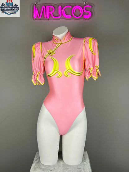 MRJCOS Super Hero Chun Li cosplay bodysuit with open crotch design, perfect for Halloween costume and sexy lingerie.