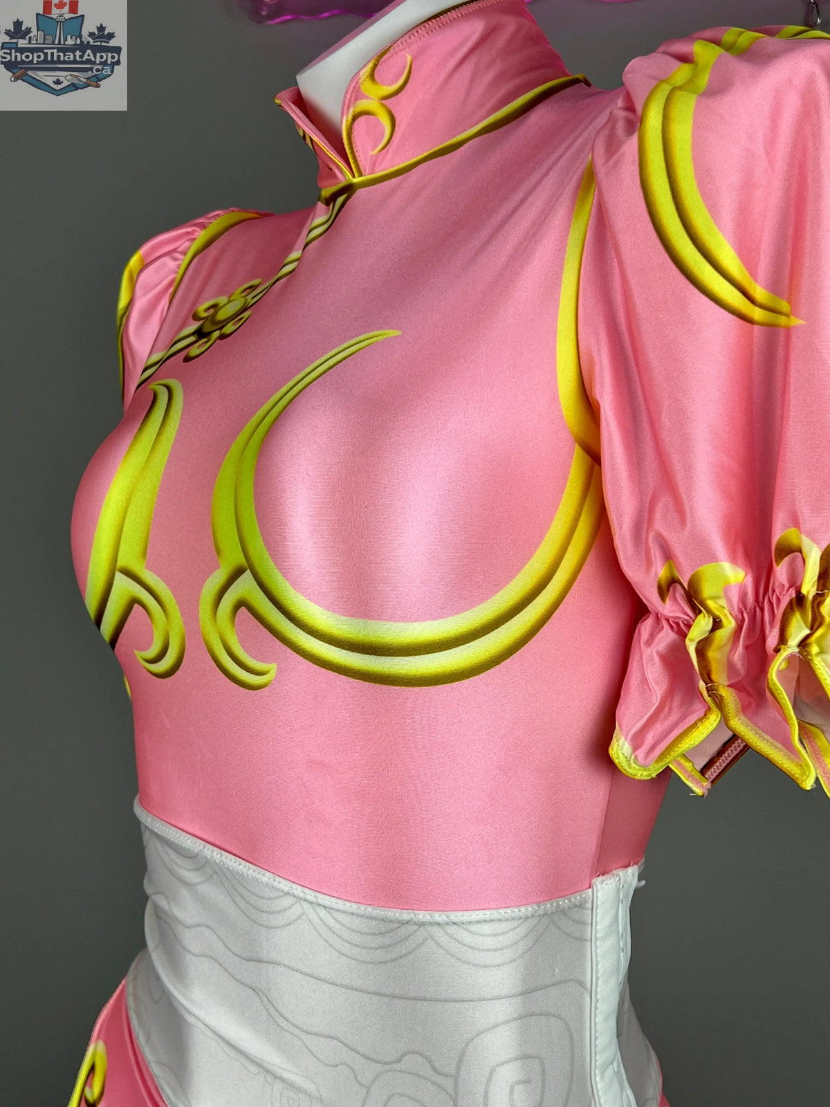 MRJCOS Super Hero Chun Li cosplay bodysuit with open crotch, featuring detailed costume design for Halloween or cosplay events.