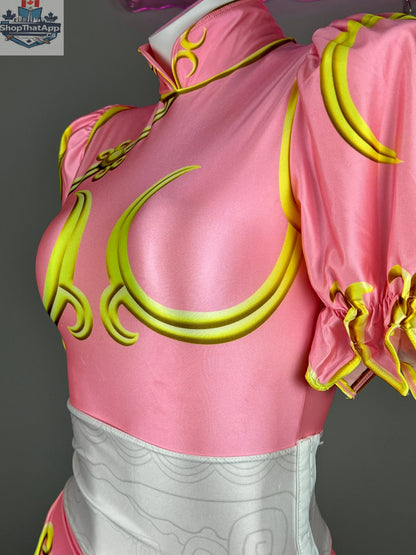 MRJCOS Super Hero Chun Li cosplay bodysuit with open crotch, featuring detailed costume design for Halloween or cosplay events.