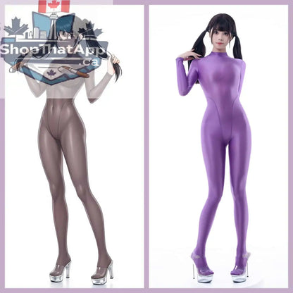 Shiny see-through nylon spandex bodysuit by MRJCOS, full sheer zentai cosplay suit with a sleek, form-fitting design.
