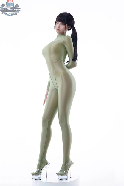 Shiny sheer black spandex nylon bodysuit by MRJCOS, full-body see-through Zentai cosplay suit with a sleek, form-fitting design.