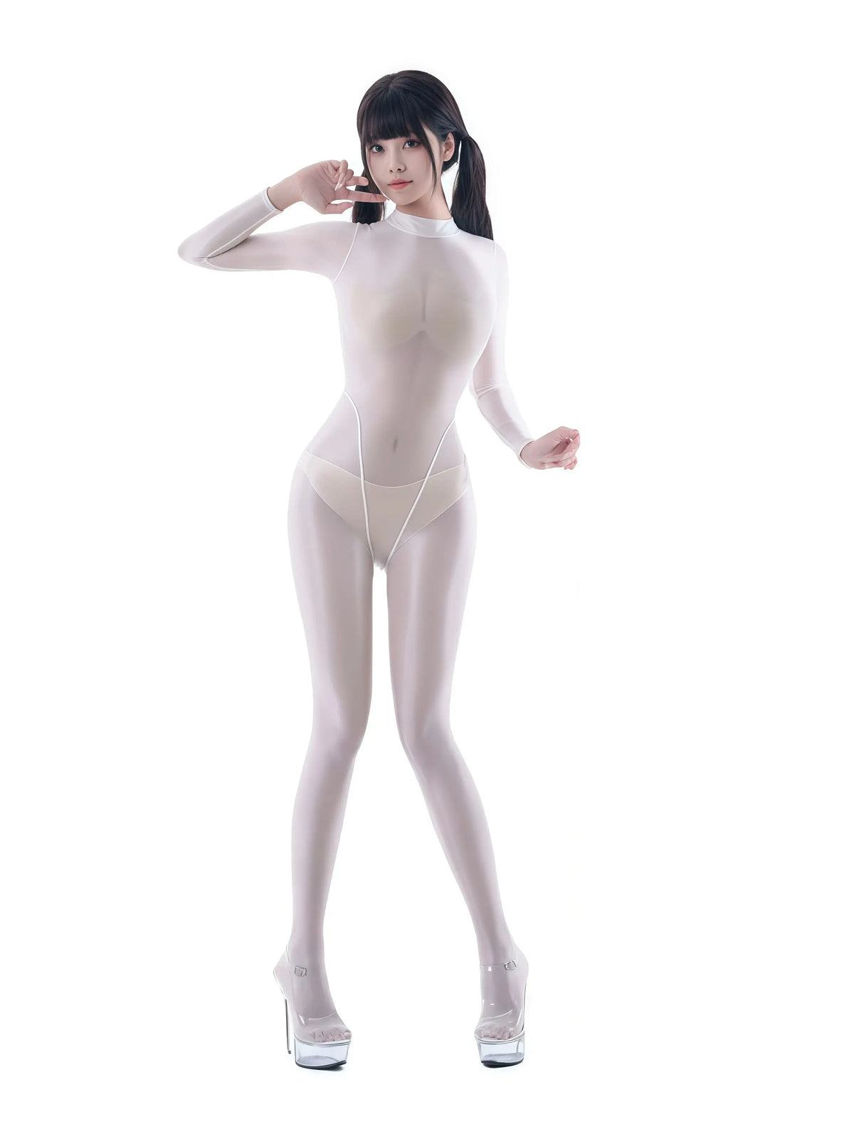 Shiny sheer spandex nylon bodysuit by MRJCOS, full body Zentai suit with see-through design and smooth, form-fitting appearance.