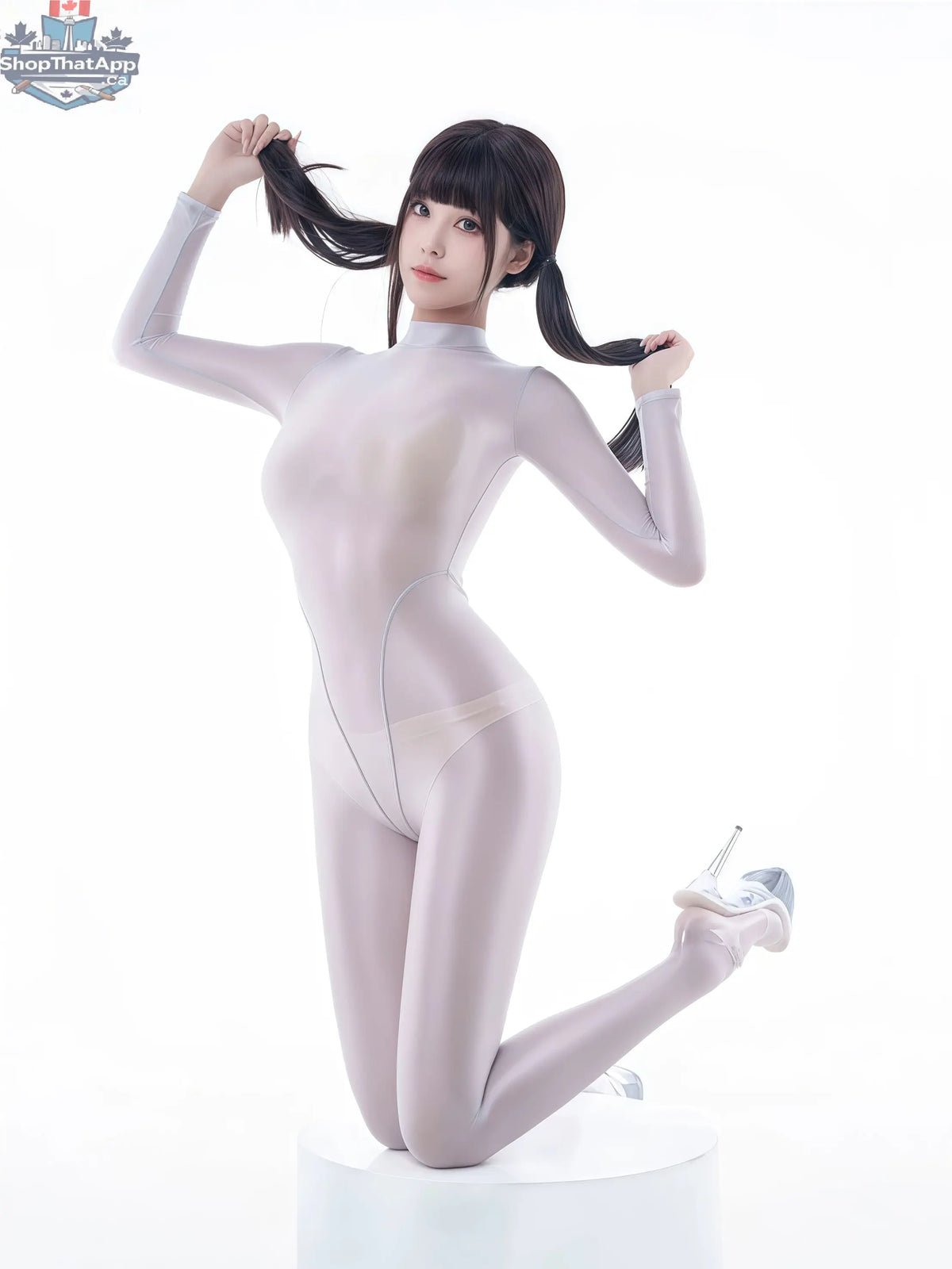 Shiny sheer nylon and spandex bodysuit by MRJCOS, full-body see-through cosplay Zentai suit with a sleek, form-fitting design.