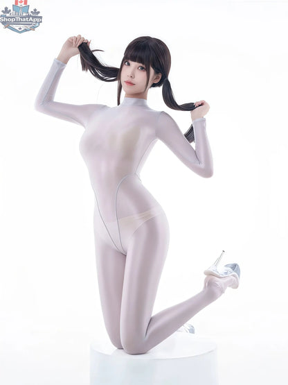Shiny sheer nylon and spandex bodysuit by MRJCOS, full-body see-through cosplay Zentai suit with a sleek, form-fitting design.