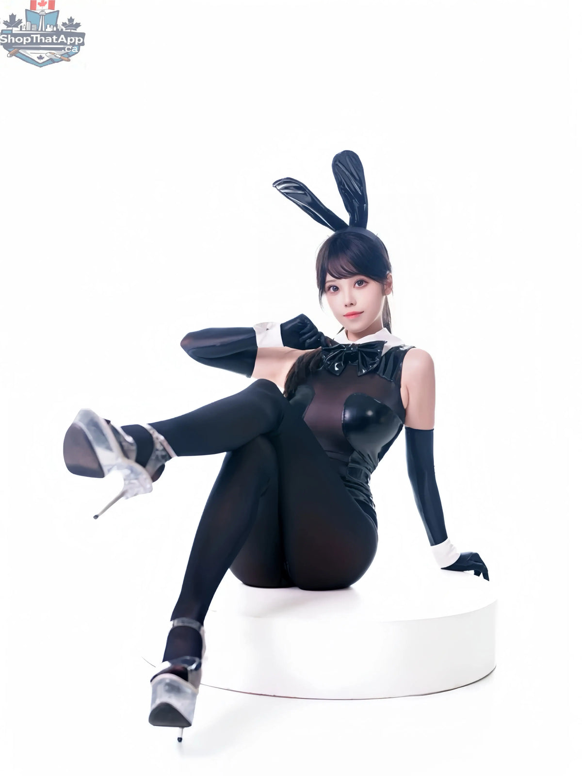 MRJCOS PU leather and spandex bunny girl bodysuit with see-through design, featuring playful cutouts and lingerie-style details.
