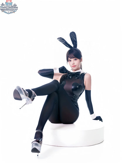 MRJCOS PU leather and spandex bunny girl bodysuit with see-through design, featuring playful cutouts and lingerie-style details.