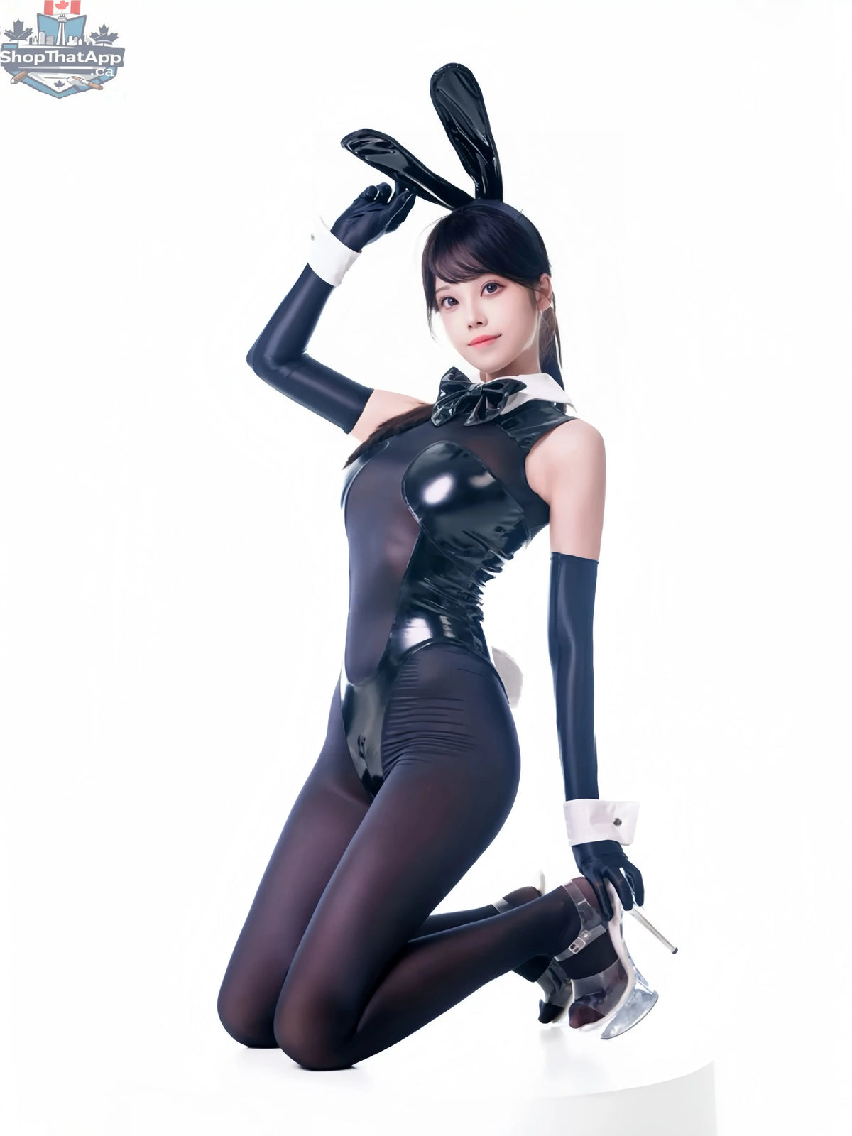MRJCOS PU leather and spandex bunny girl bodysuit featuring see-through panels, ideal for cosplay or lingerie wear.